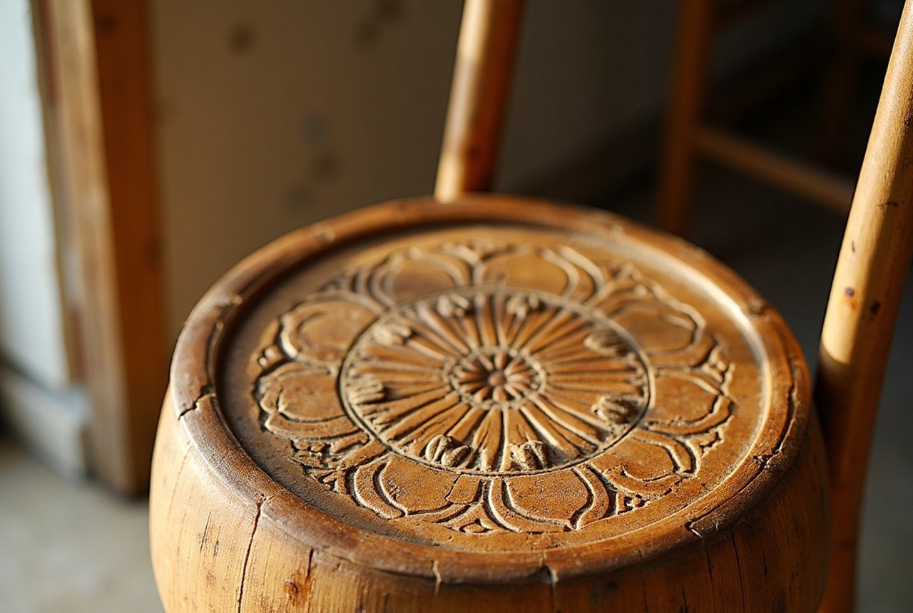 Close-up of a hunigondi (coconut-grating seat) in a local home