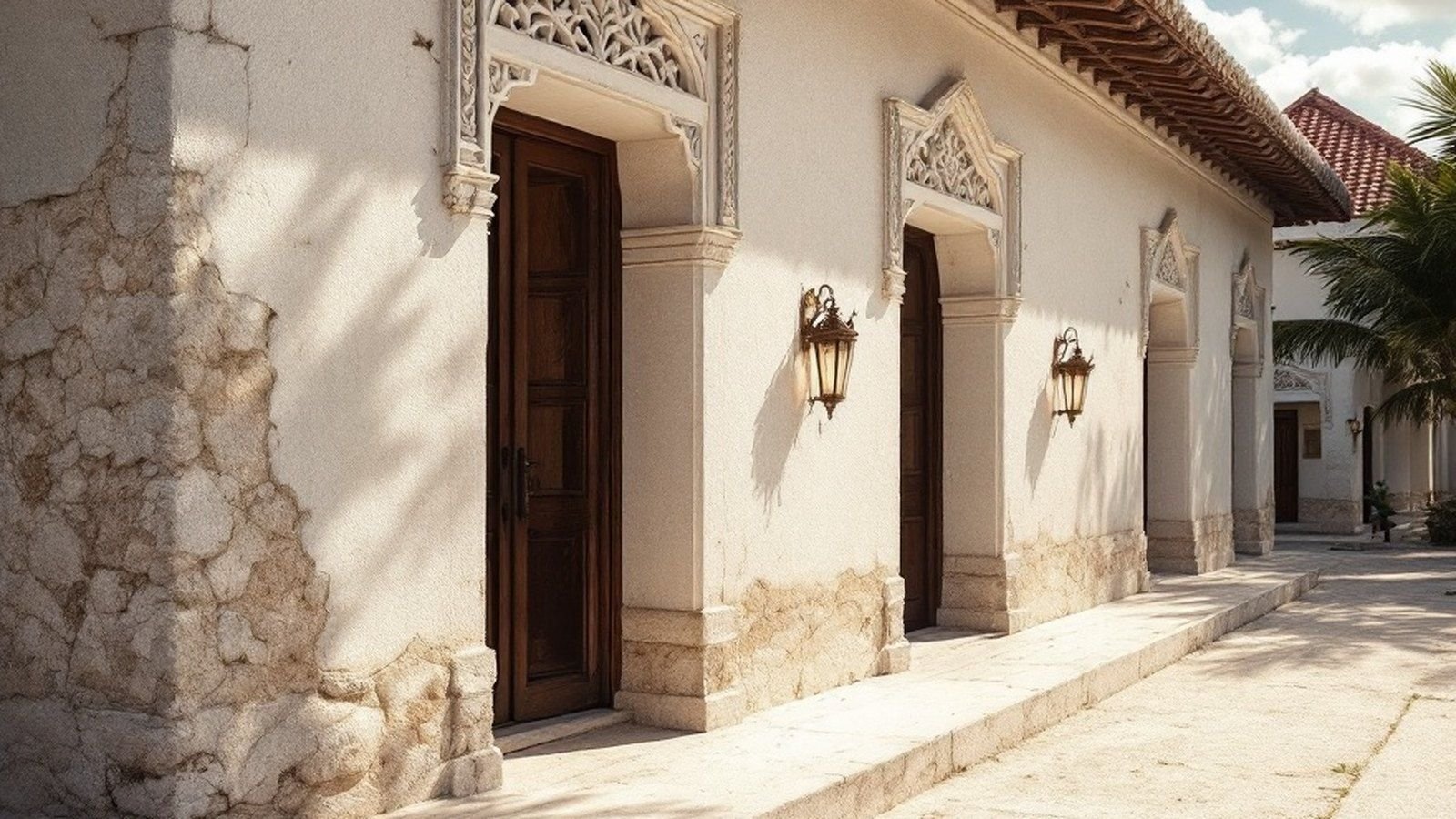 Exterior of Hukuru Miskiy showing coral-stone walls and carved details
