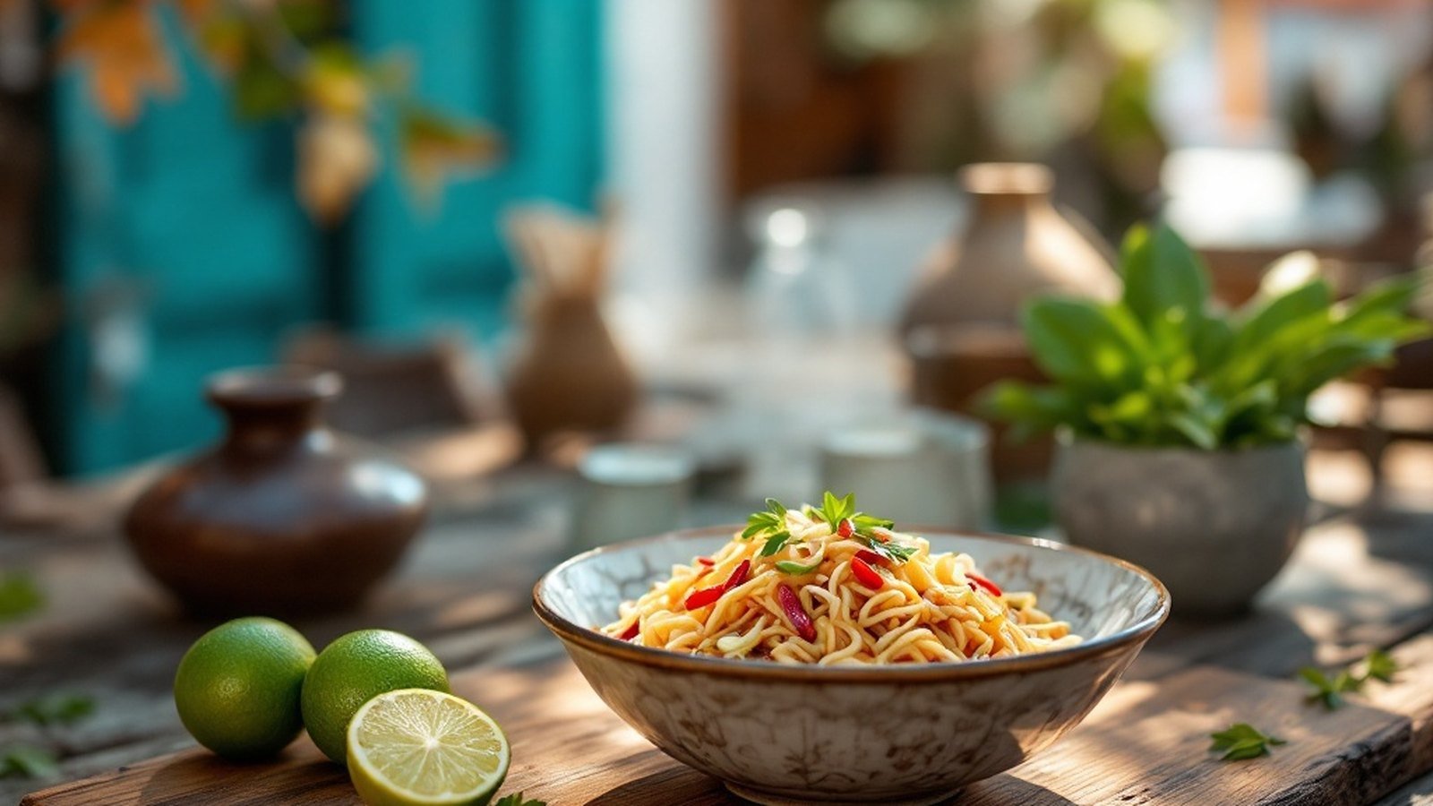 A bowl of garudhiya with lime, chilli and shallots on the side, on a simple wooden table