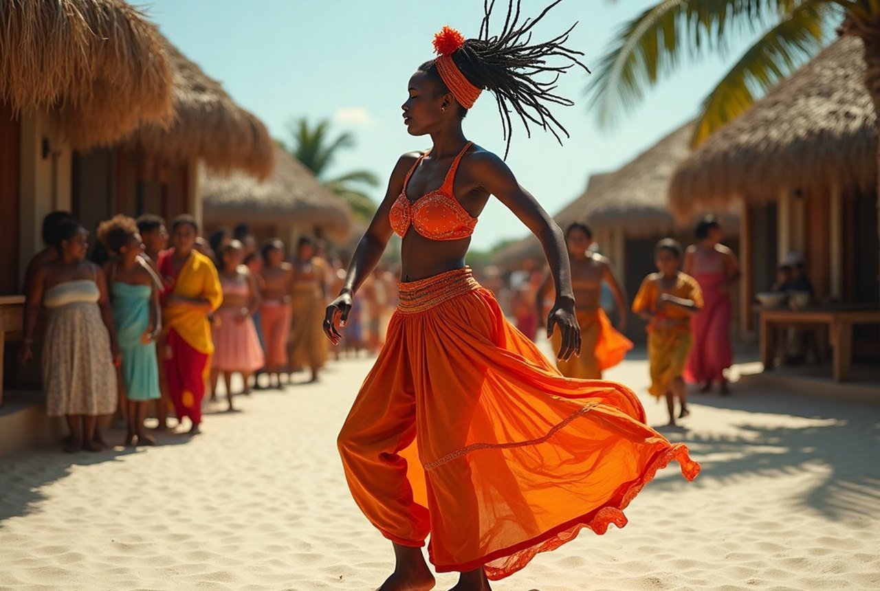 Lead dancer in motion during a village celebration, not a resort show