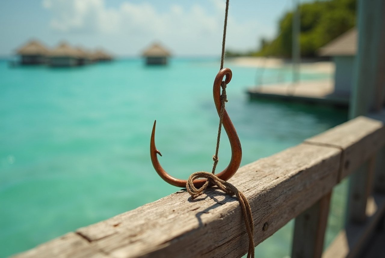 Close-up of barbless hook and line against weathered deck wood
