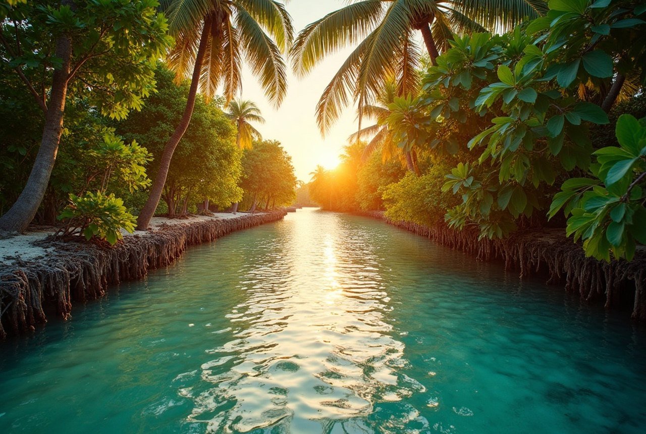 Wide shot of mangrove edge at dusk on an outer-atoll island