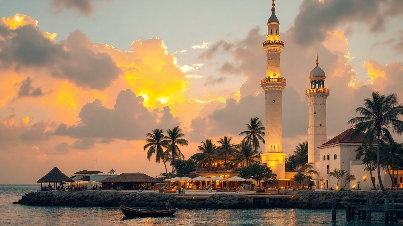 Minaret of Hukuru Miskiy at dawn or dusk, golden light