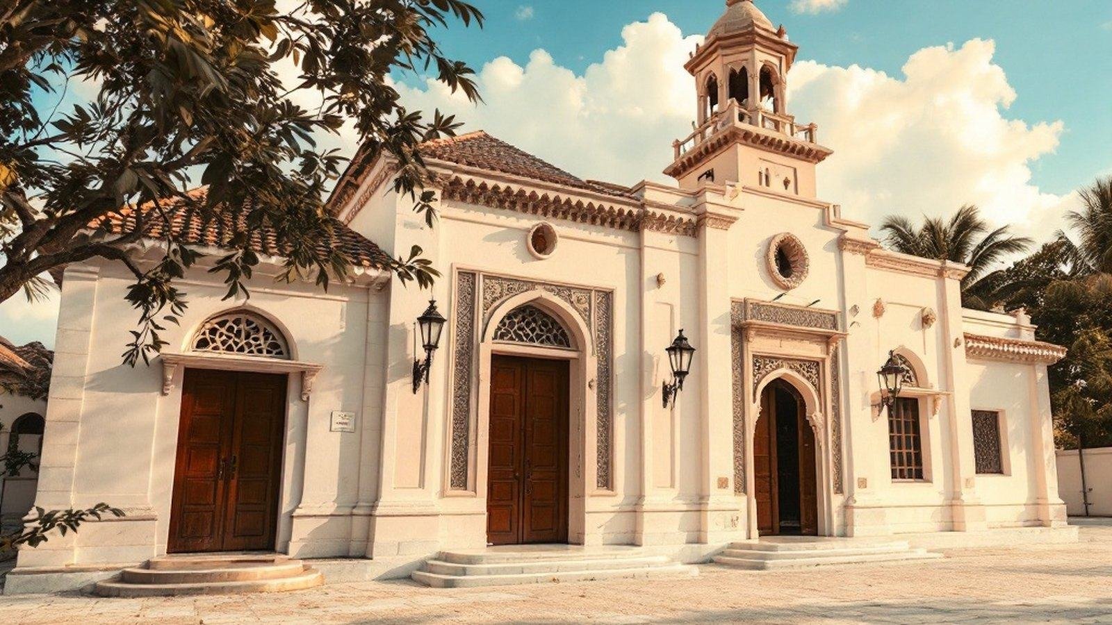 Exterior of Hukuru Miskiy, coral-stone minaret and carved walls
