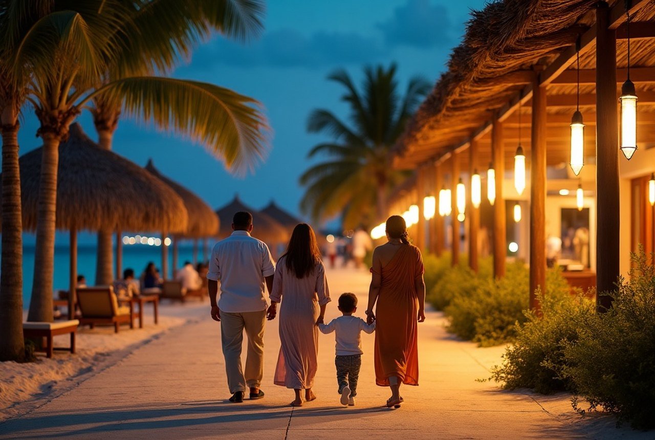 Families walking along the Artificial Beach waterfront at night