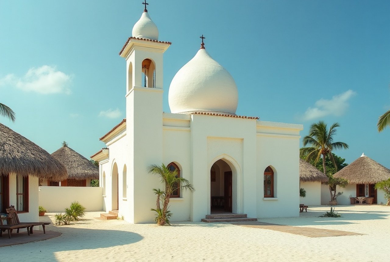 Modest whitewashed coral-stone mosque on an inhabited island