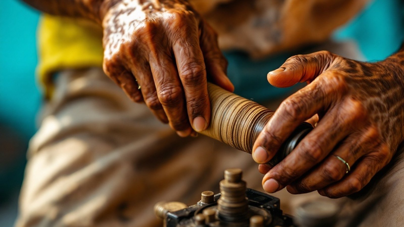 Close-up of hands at a lathe applying lacquer to spinning wood