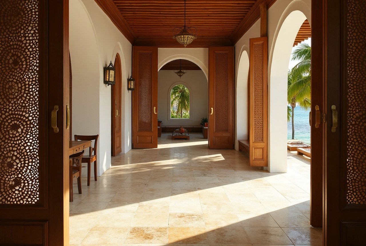 Utheemu palace compound interior showing carved timber screens