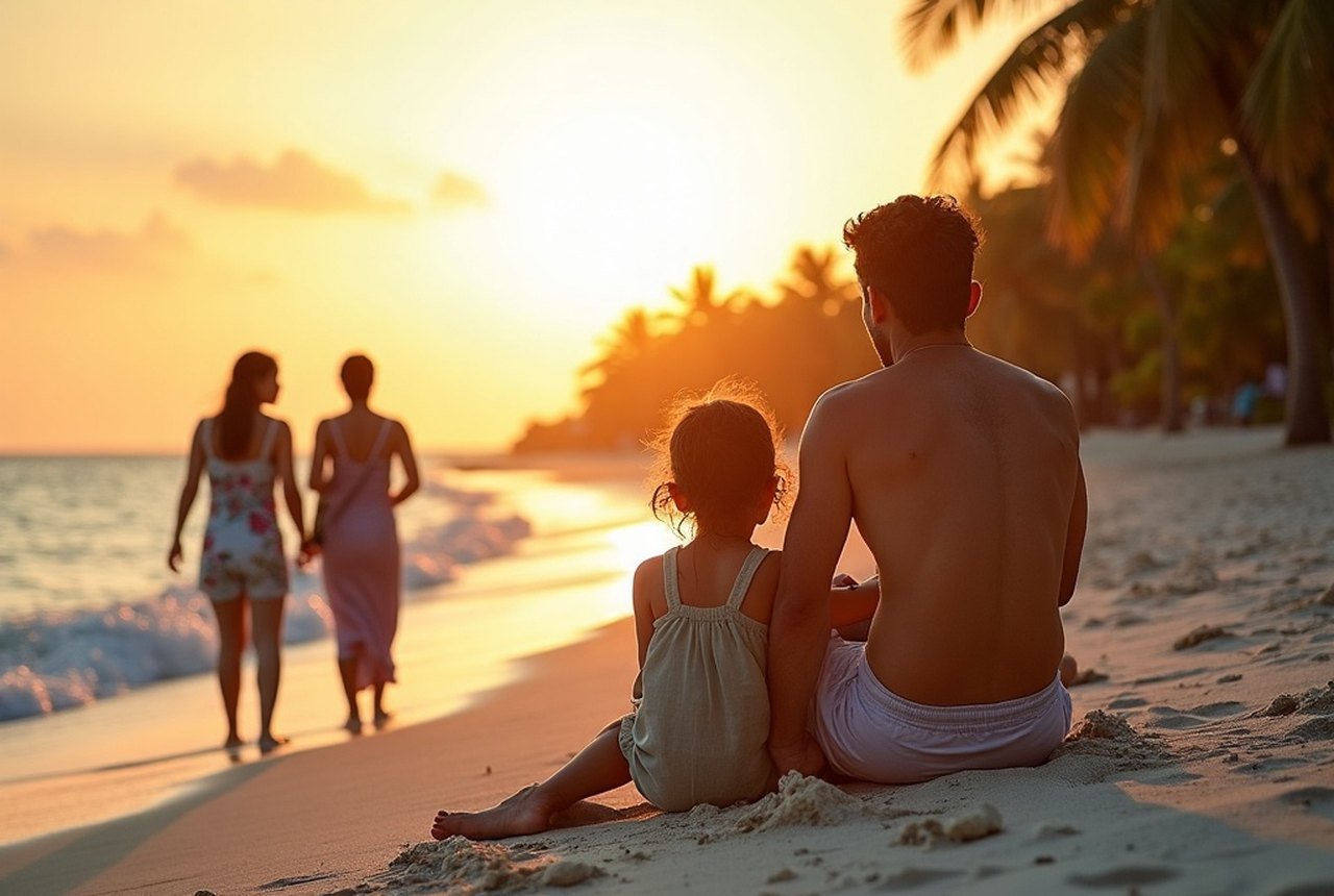 Families and residents at the Artificial Beach at golden hour