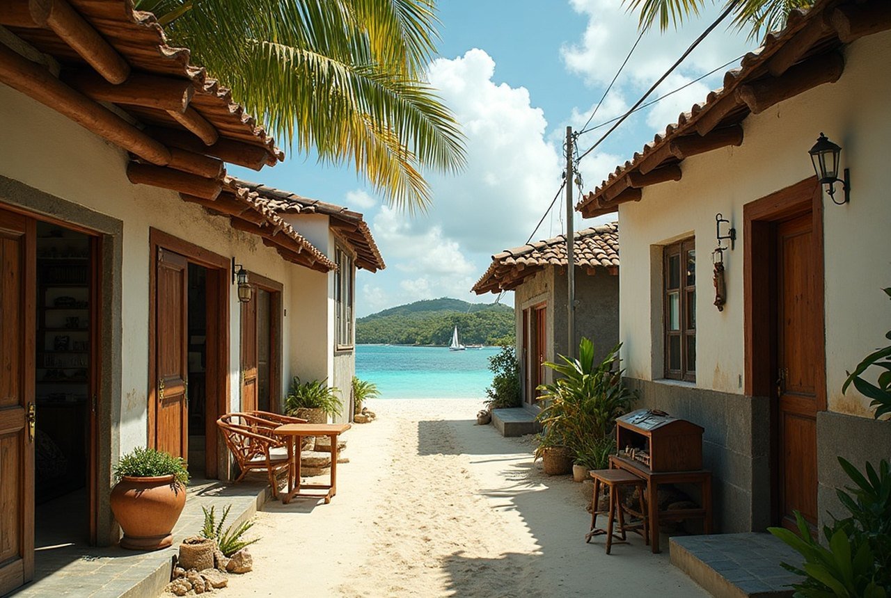 Wide shot of Thulhaadhoo's shoreline or a residential lane with open workshop