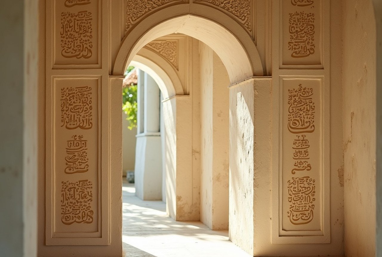 Interior detail: coral-stone carvings and Thaana script panels