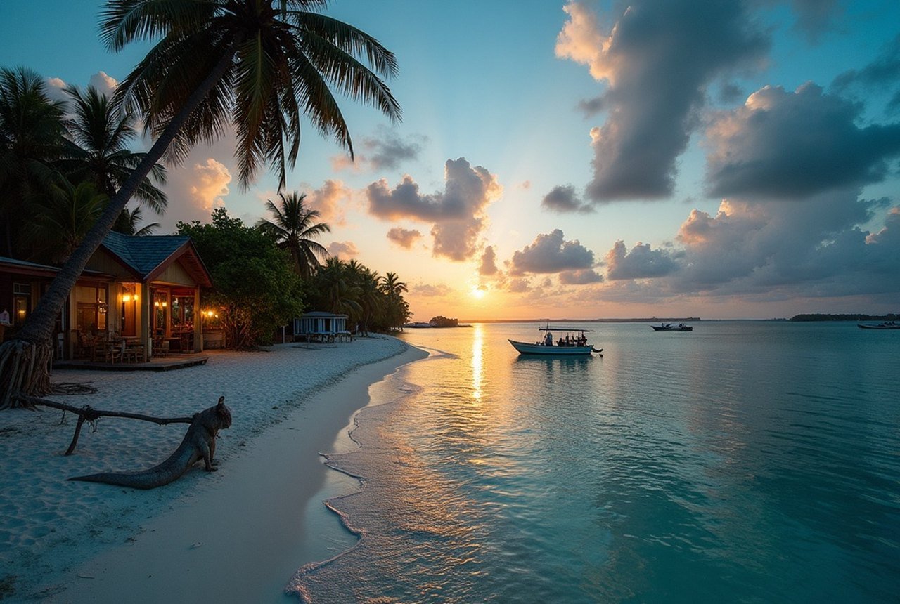 A dusk shot of a small inhabited island shoreline, light low, reef visible