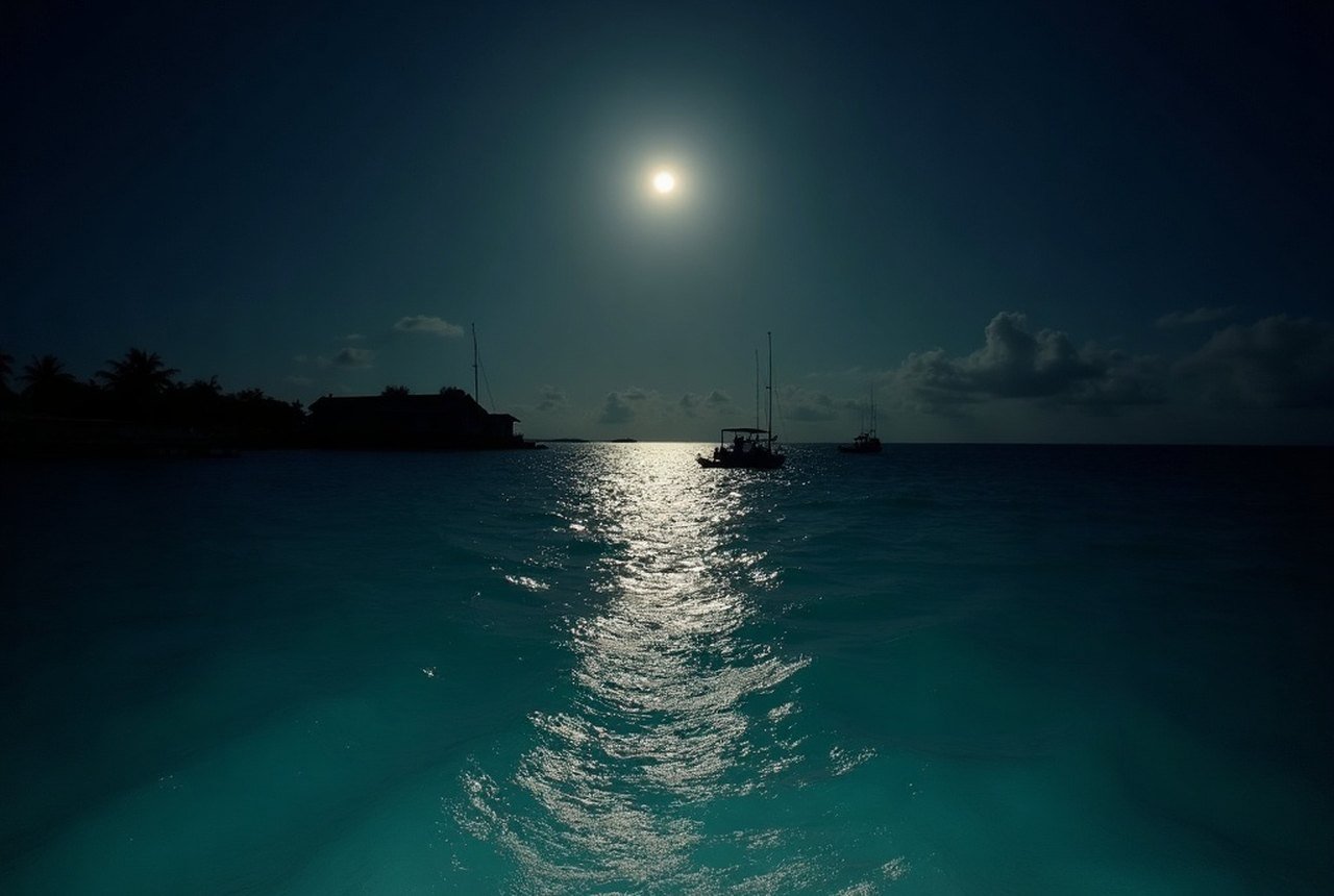 A dark lagoon at night under moonlight, small waves breaking on a coral beach