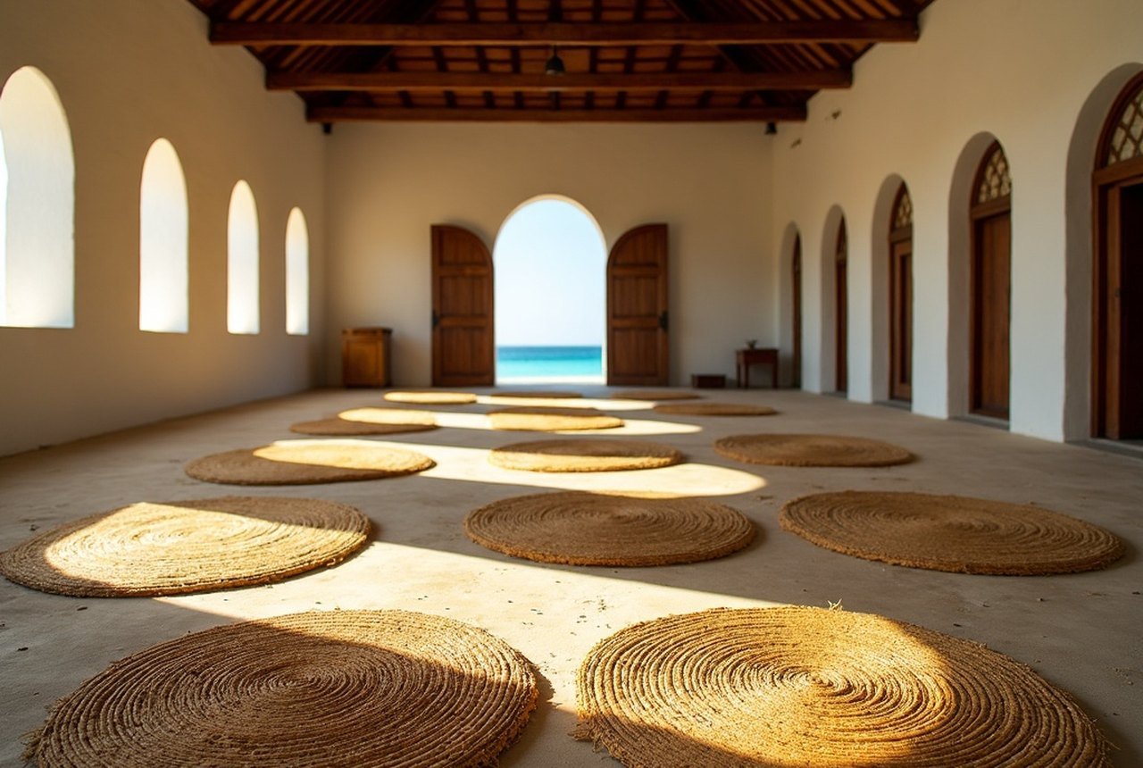 Woven floor mats and diffuse light inside the prayer hall of Hukuru Miskiy