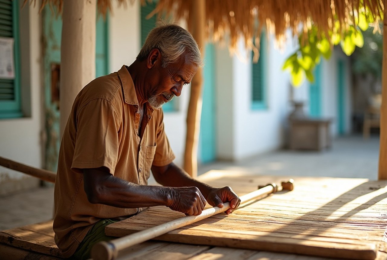 Weaver working at a low horizontal frame outdoors