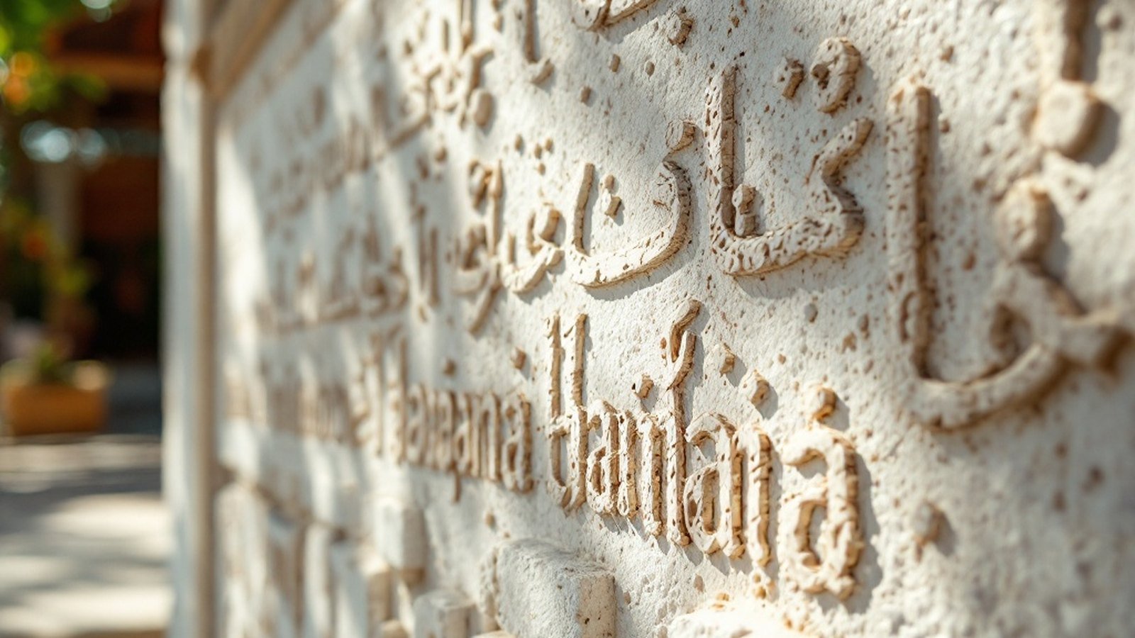 Close-up of carved Thaana inscription on coral stone, ideally from a mosque panel