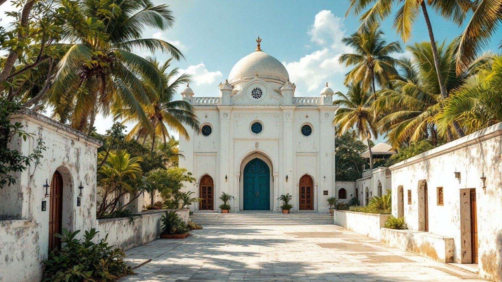 Wide exterior shot of Isdhoo mosque showing worn coral-stone walls and surrounding cemetery
