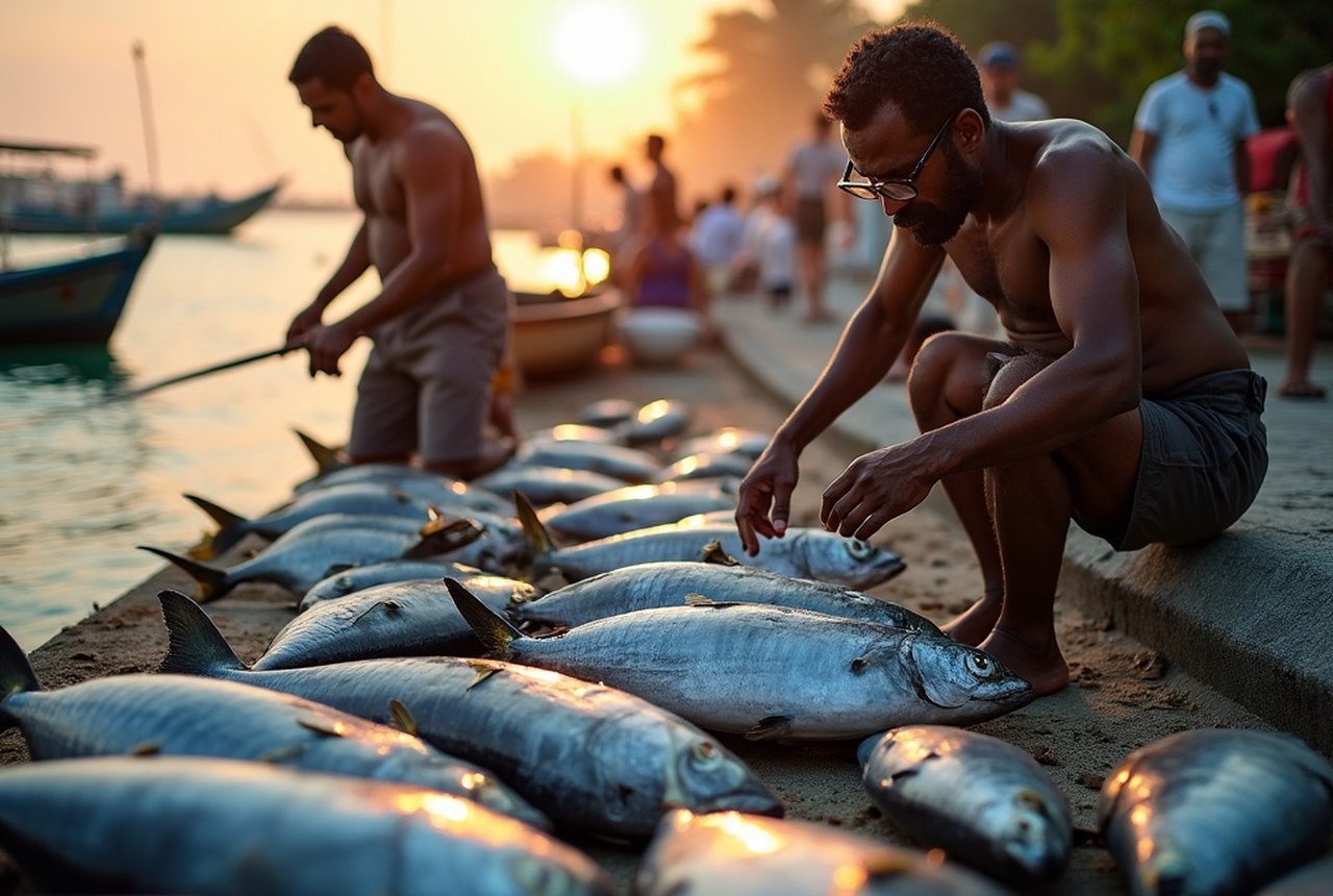 Fish market on the northern waterfront, fishermen with skipjack tuna