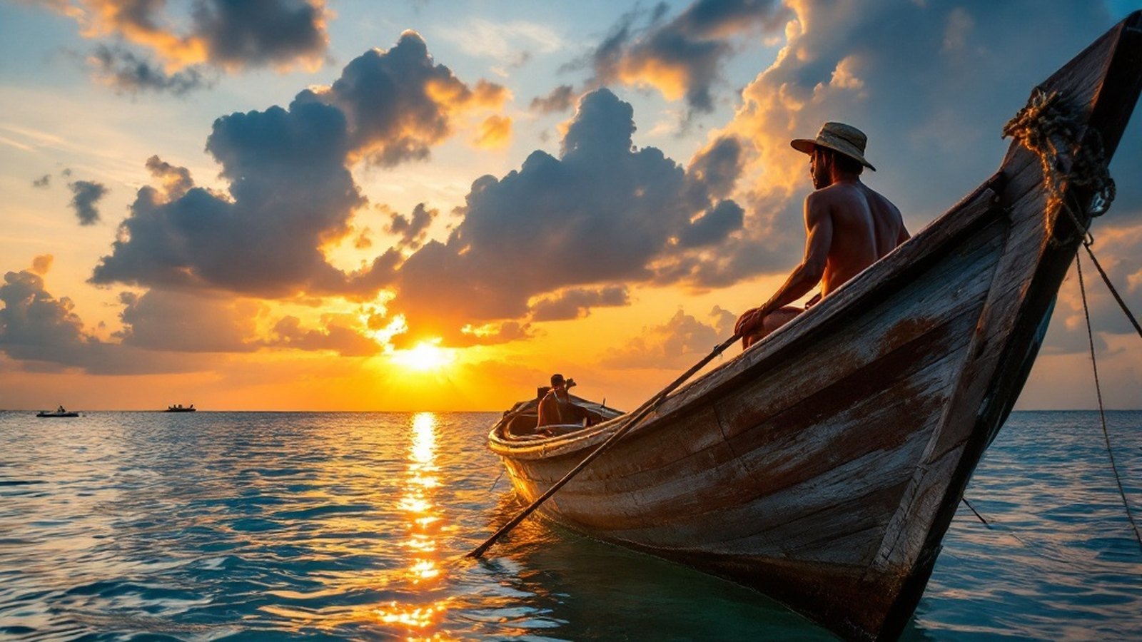Wide shot of a Maldivian fisherman's wooden dhoni at dusk, nets or lines visible