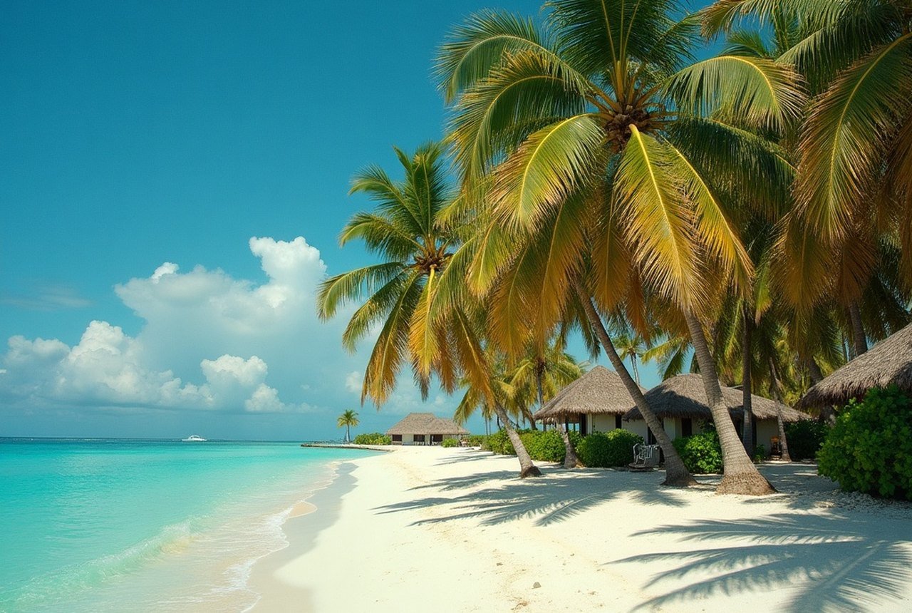 Coconut palms on a low-lying inhabited island shoreline