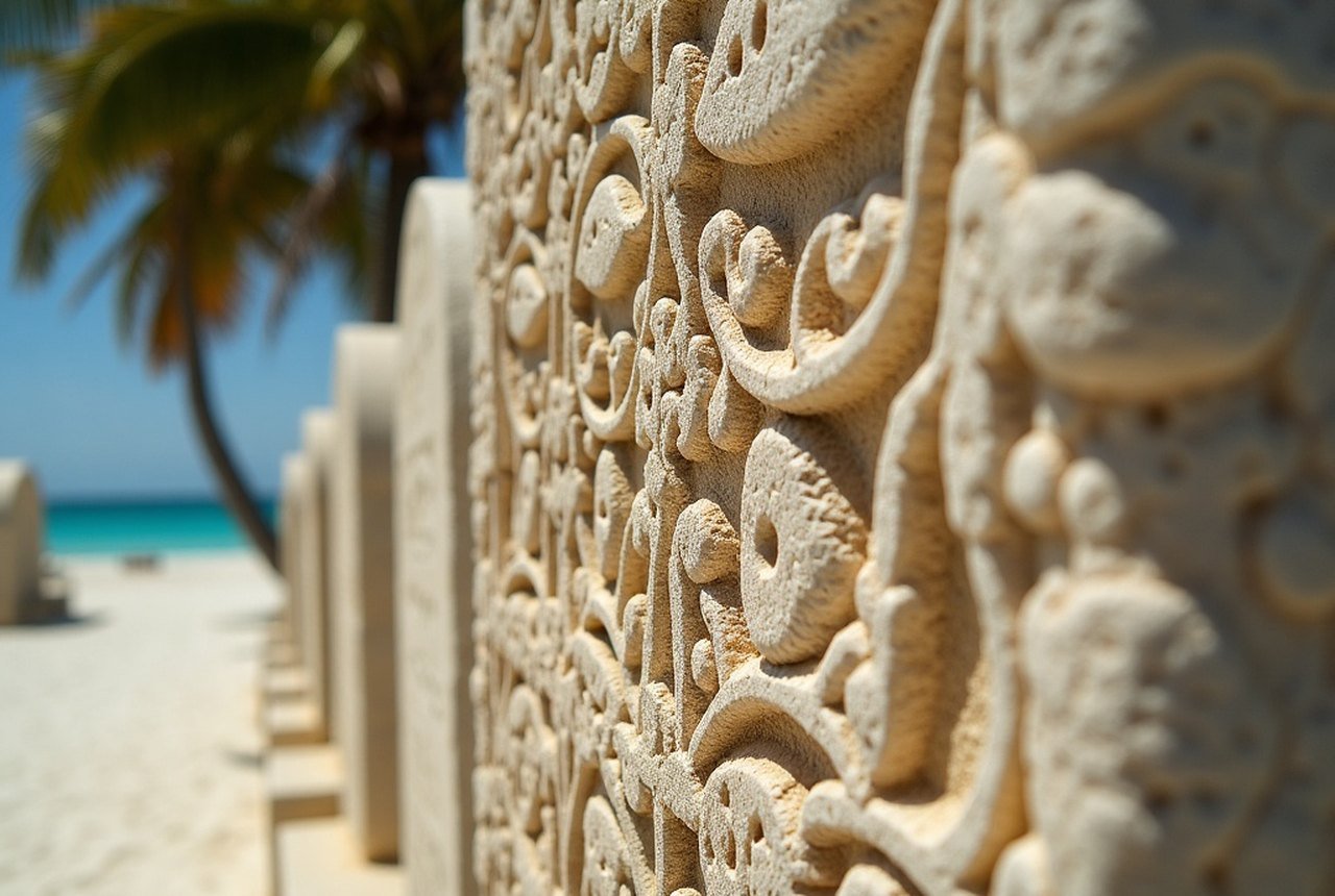 Detail of a carved coral tombstone in an island graveyard