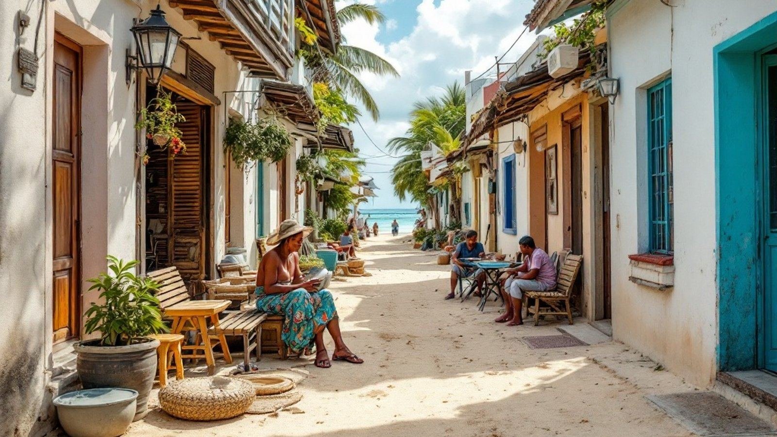 A sandy lane on a local island, residents going about daily life