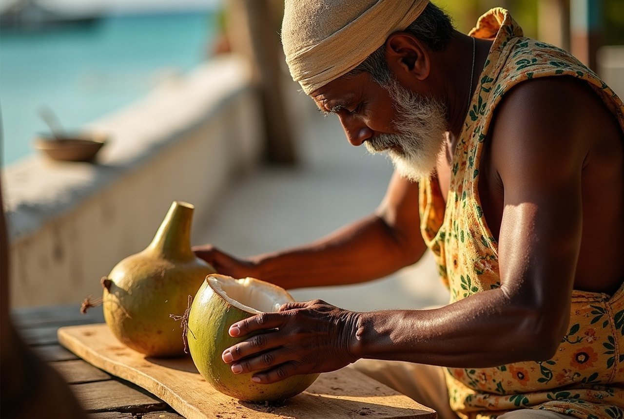 Someone using a hunigondi to grate fresh coconut