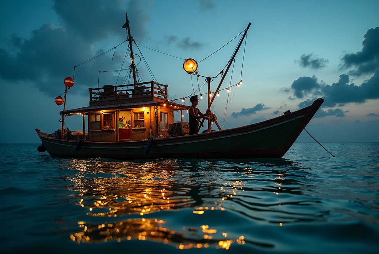 Low-light shot of a fishing dhoni on dark water at dawn or dusk