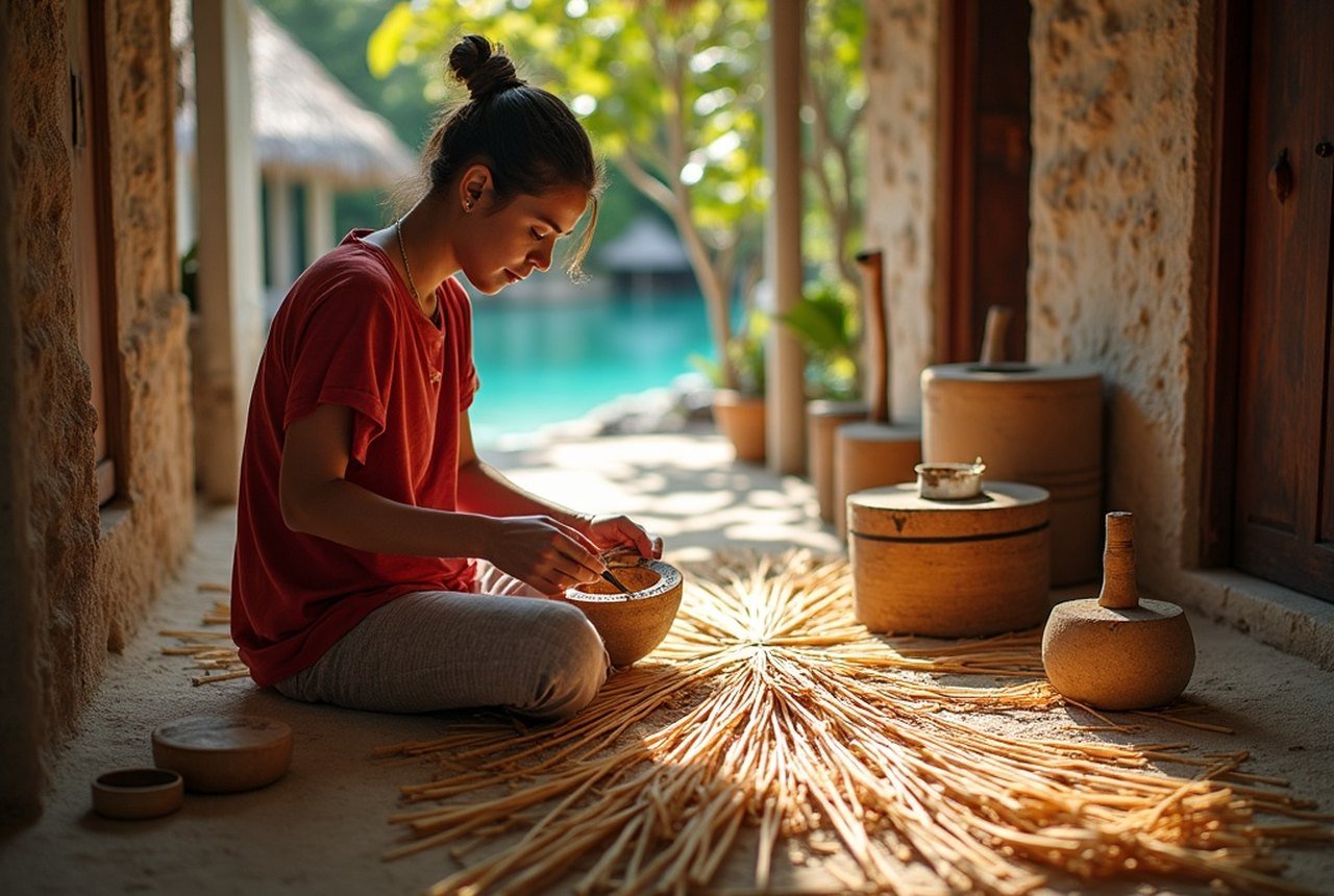 Cadjan weaving in progress on an inhabited island