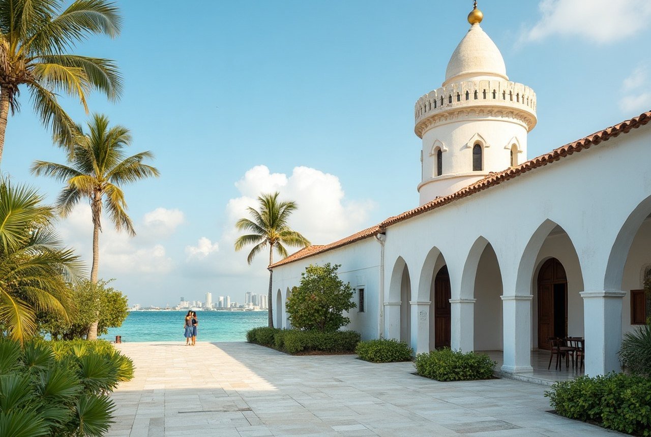 Wide shot of the round white-washed minaret (munnaaru) of Hukuru Miskiy against Malé's modern skyline
