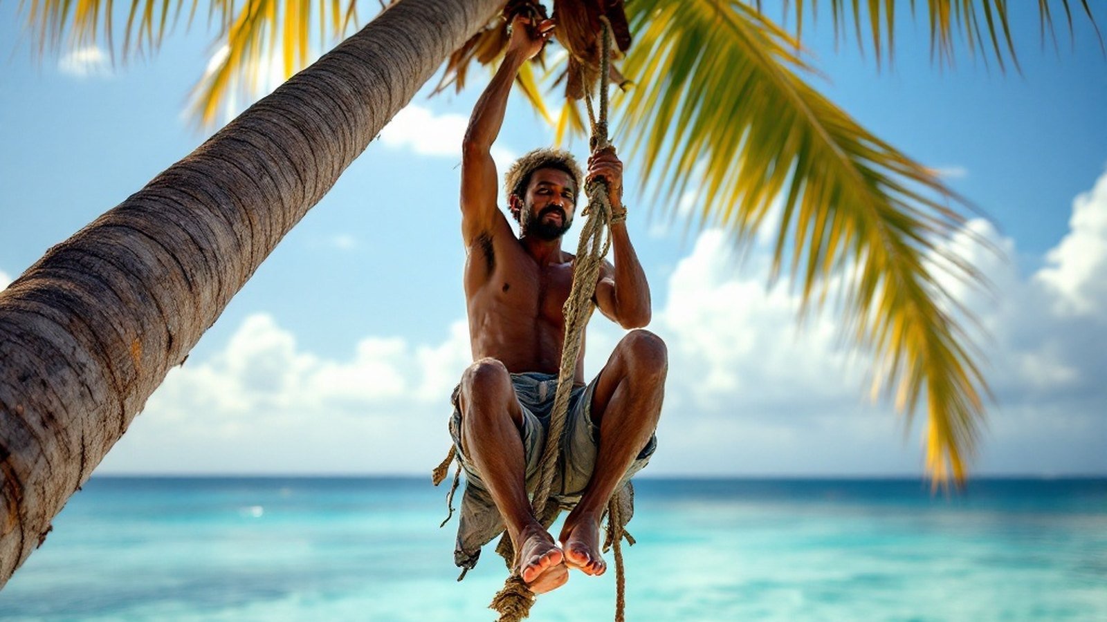 A toddy tapper climbing a coconut palm barefoot, rope around ankles