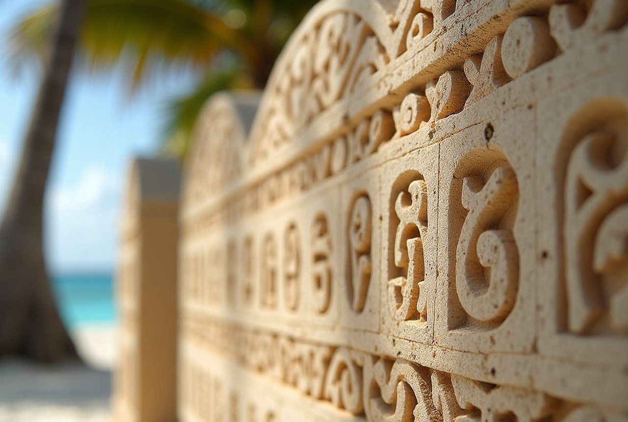 Close detail of carved coral tombstone at Isdhoo: geometric interlace or Thaana inscription