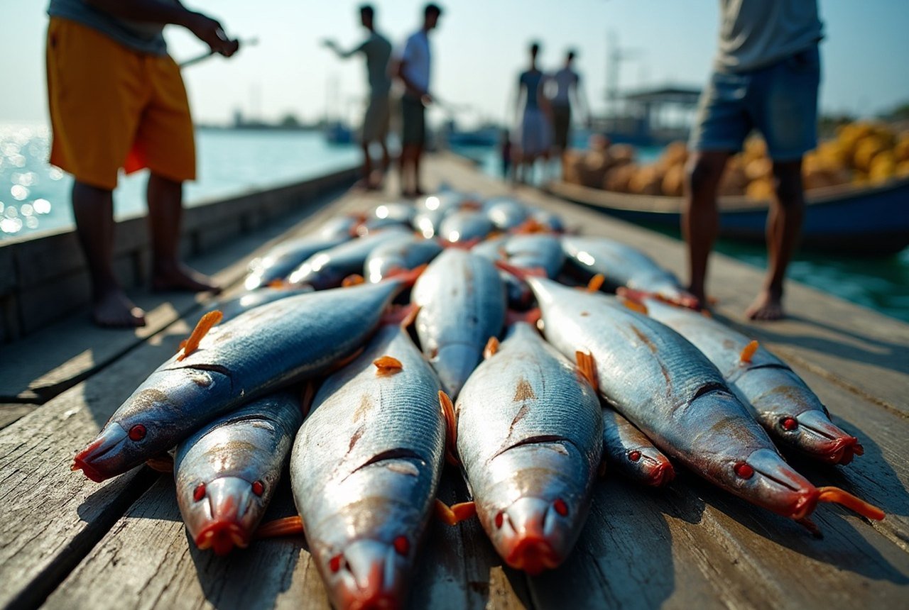 Pile of fresh skipjack on the boat deck, men working in background