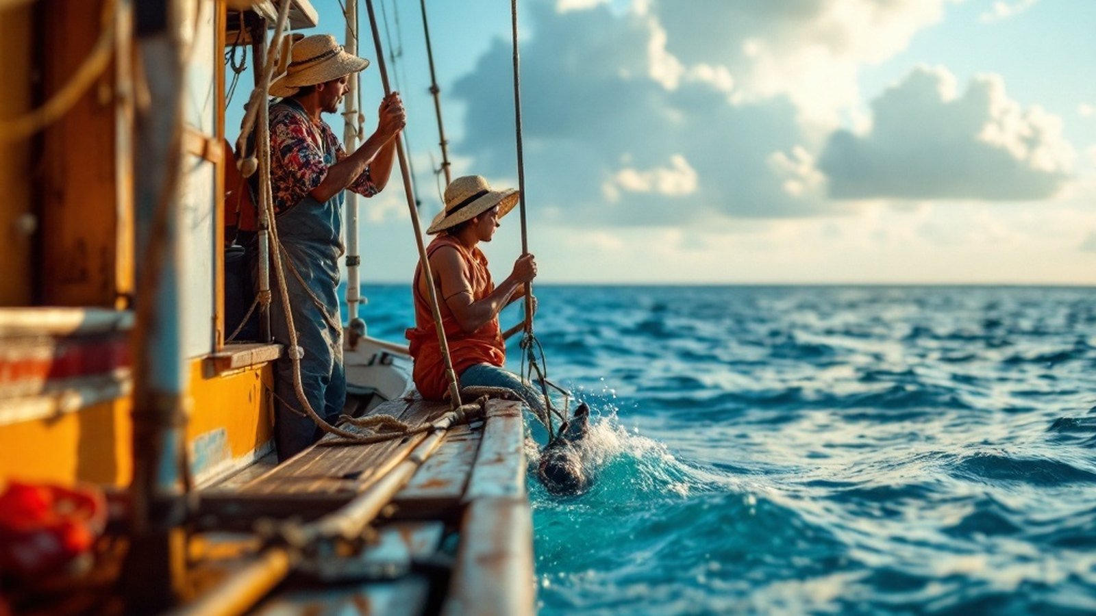 Crew on a mas dhoni at dawn, poles over the side in active fishing