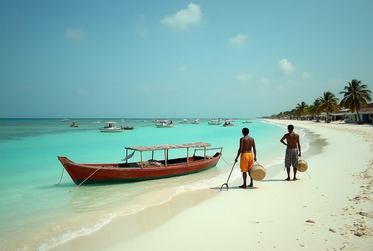 Mahibadhoo or Dhanbidhoo beach at low tide, local fishermen