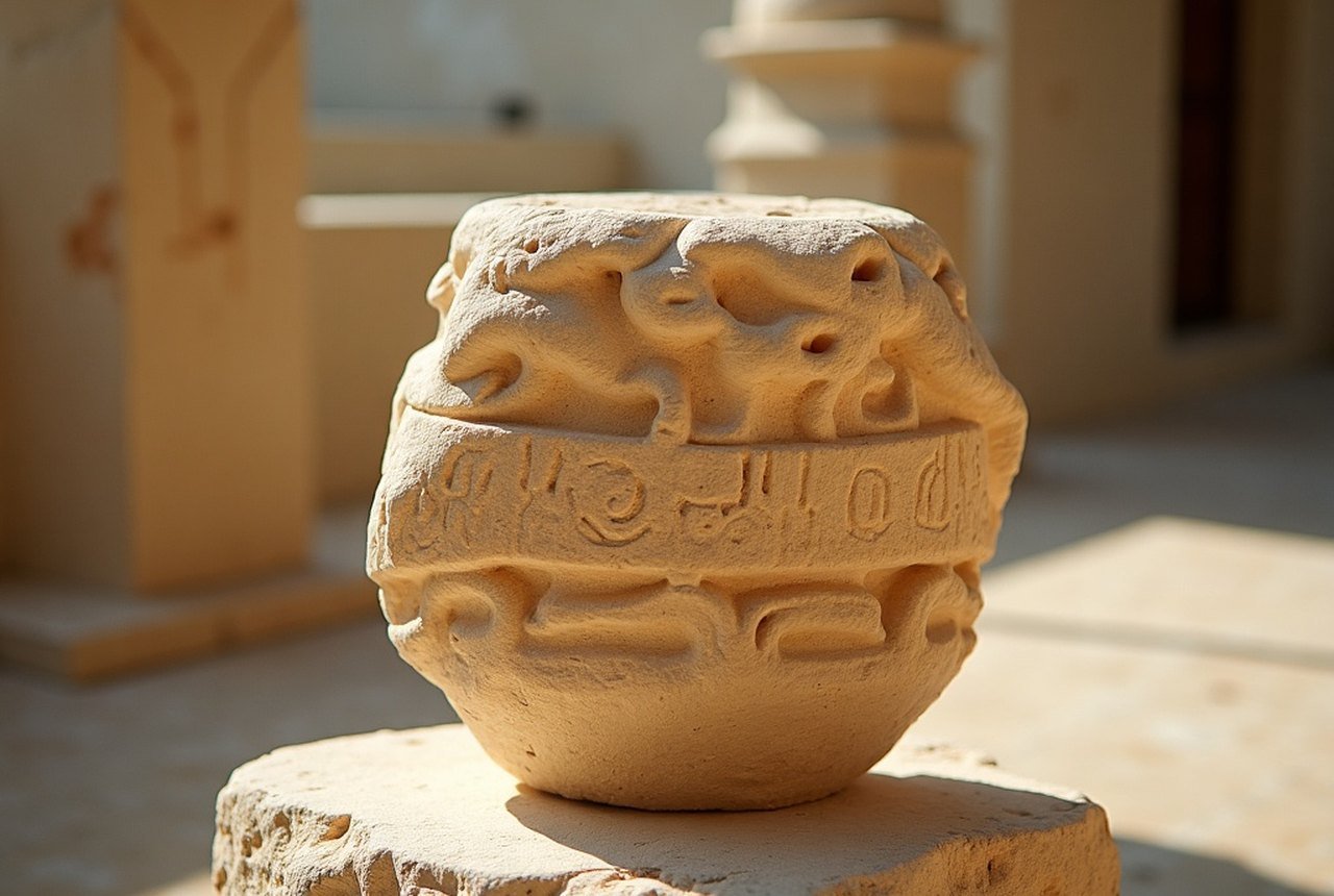 Carved coral-stone fragment showing Thaana script detail, National Museum of the Maldives