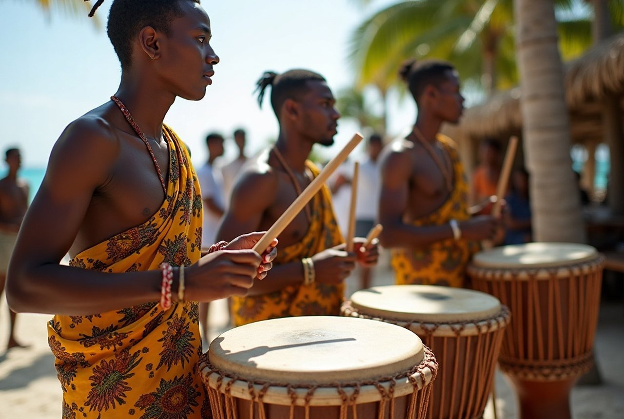 Three drummers mid-performance at a community event, low angle