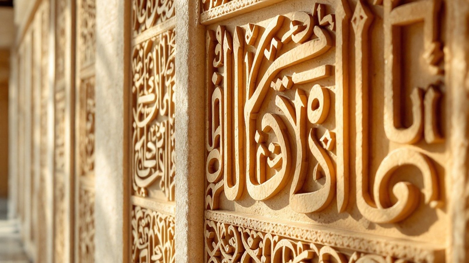 Close-up of carved Thaana calligraphy on coral-stone panels inside Hukuru Miskiy