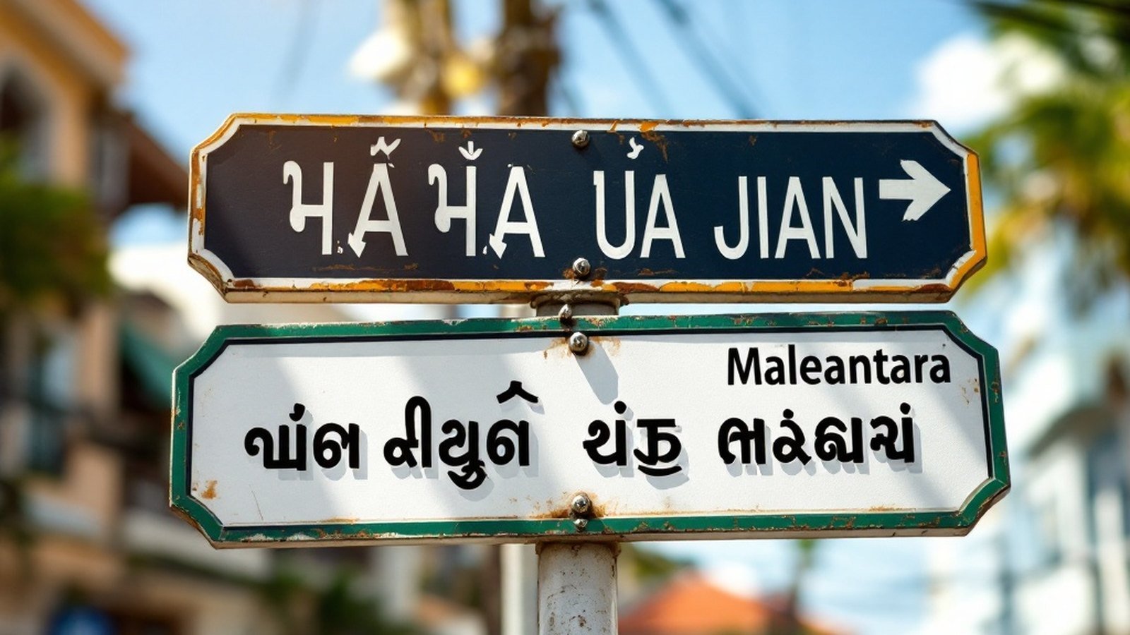 Close-up of a bilingual street sign in Mal&eacute;, Thaana above, romanised text below