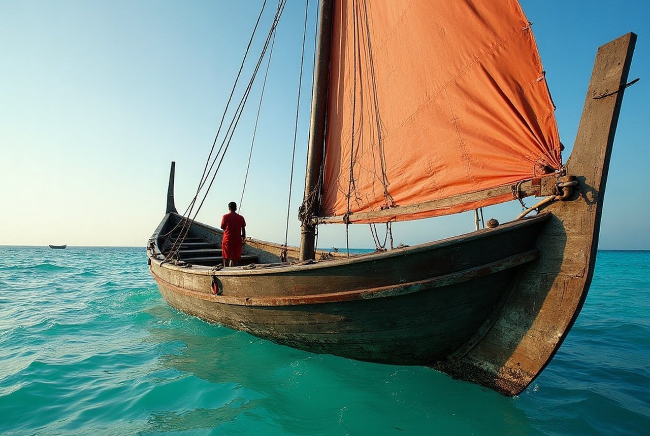Traditional dhoni hull under construction or at sea