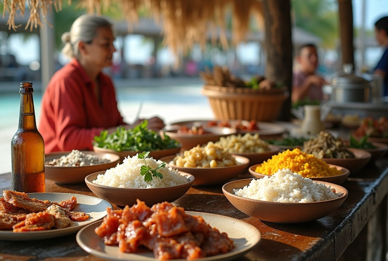 A local hotaa counter in Mal&eacute; showing rice, garudhiya and roshi set out at lunch