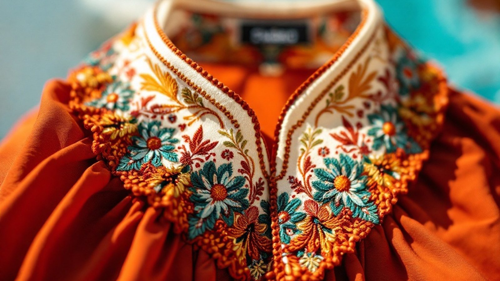 Close-up of kasabu embroidery at collar and cuff of a libaas