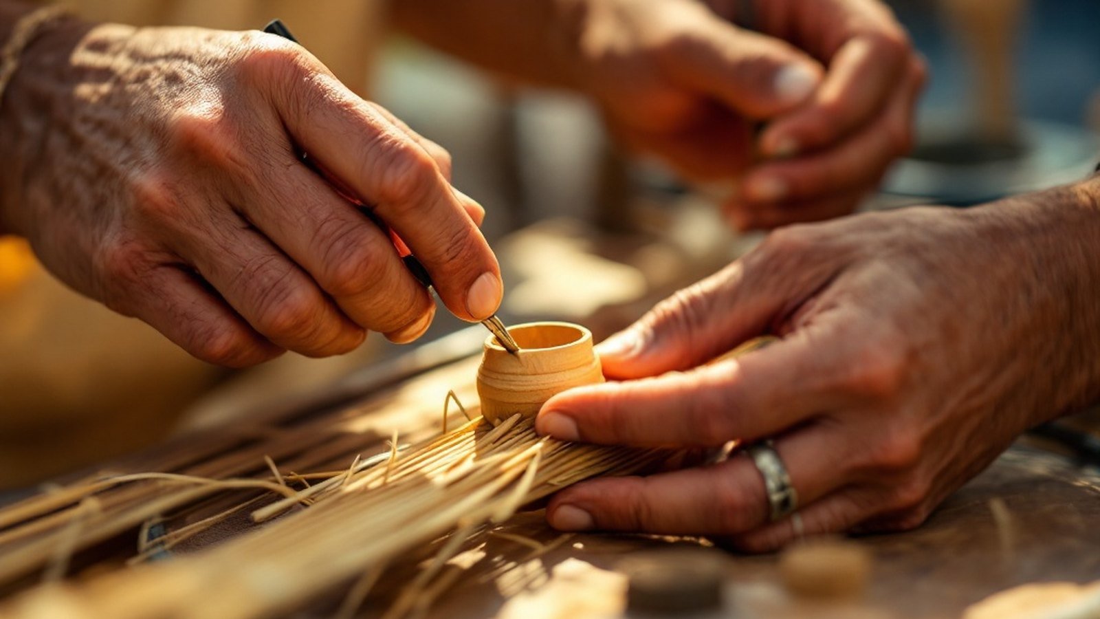 Close-up of hands applying lacquer to spinning laajehun wood