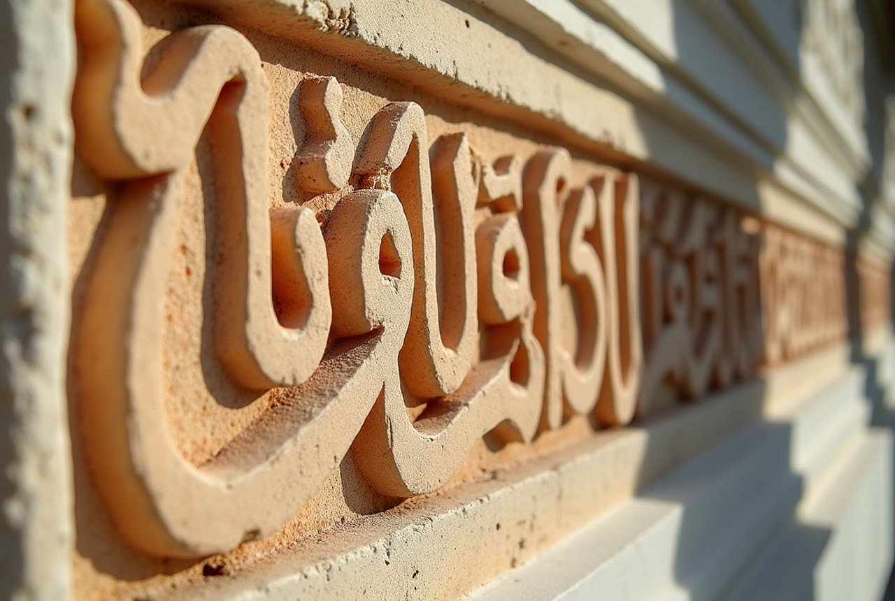 Close-up of coral-stone Arabic calligraphy carving, ideally from a historic Mal&eacute; mosque or tombstone