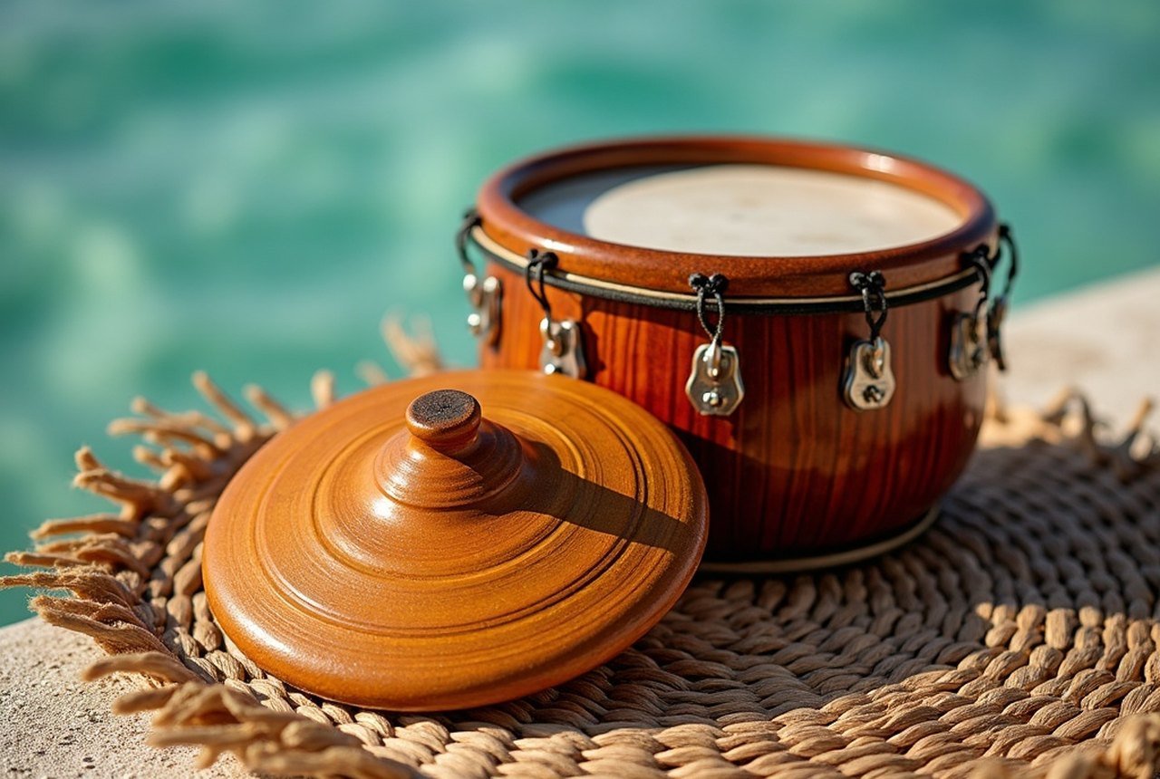 Thaasaa cymbals laid on a woven mat alongside a drum
