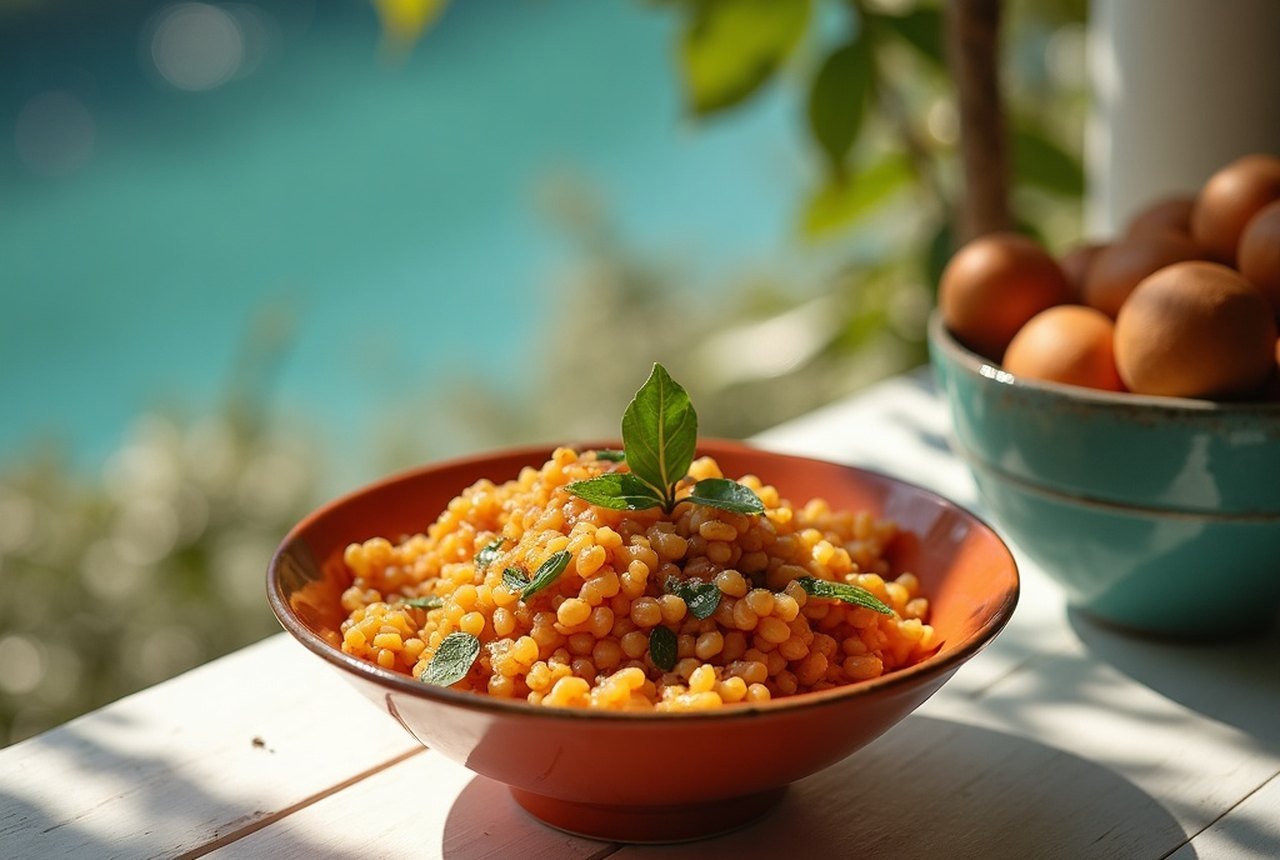 Bowl of mas riha with roshi on a simple plastic table
