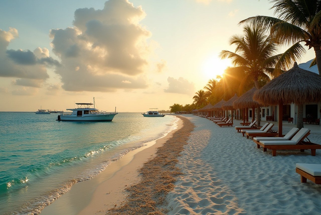 Wide shot of Mal&eacute; shoreline at dusk or dawn, sea visible
