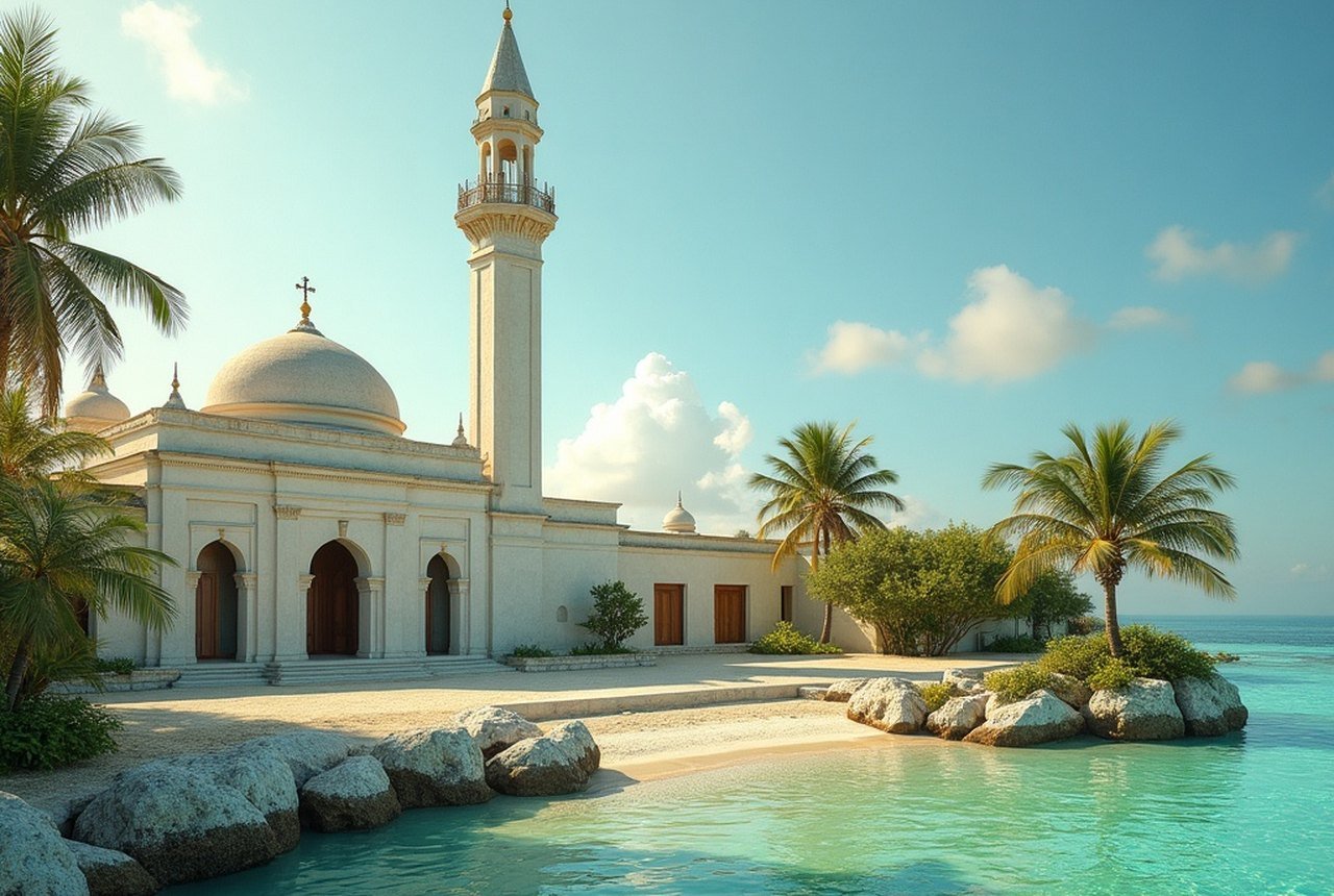 Utheemu Ganduvaru and adjacent mosque in late-afternoon light, lagoon visible