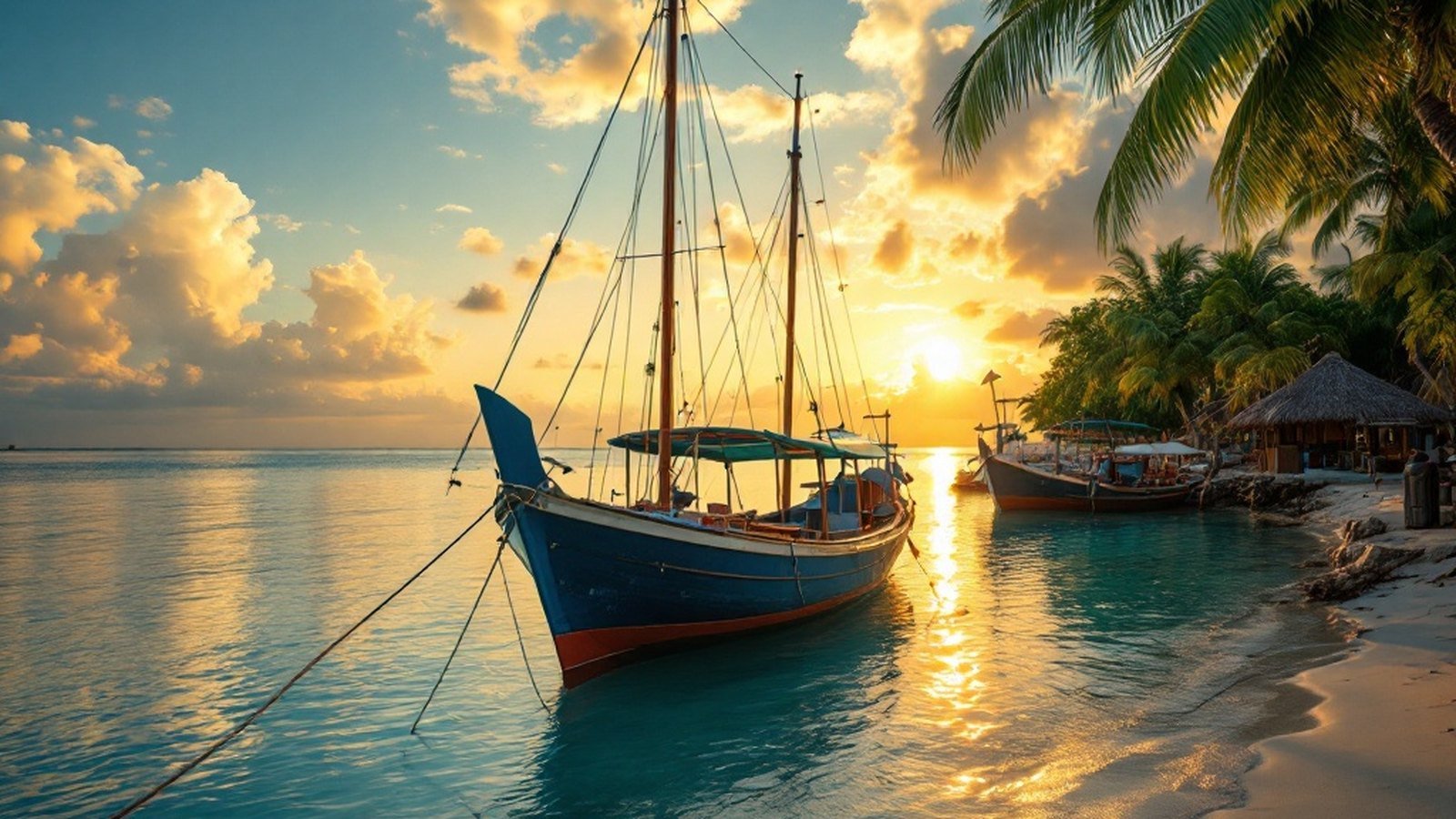 A dhoni tied at a small island harbour at dawn