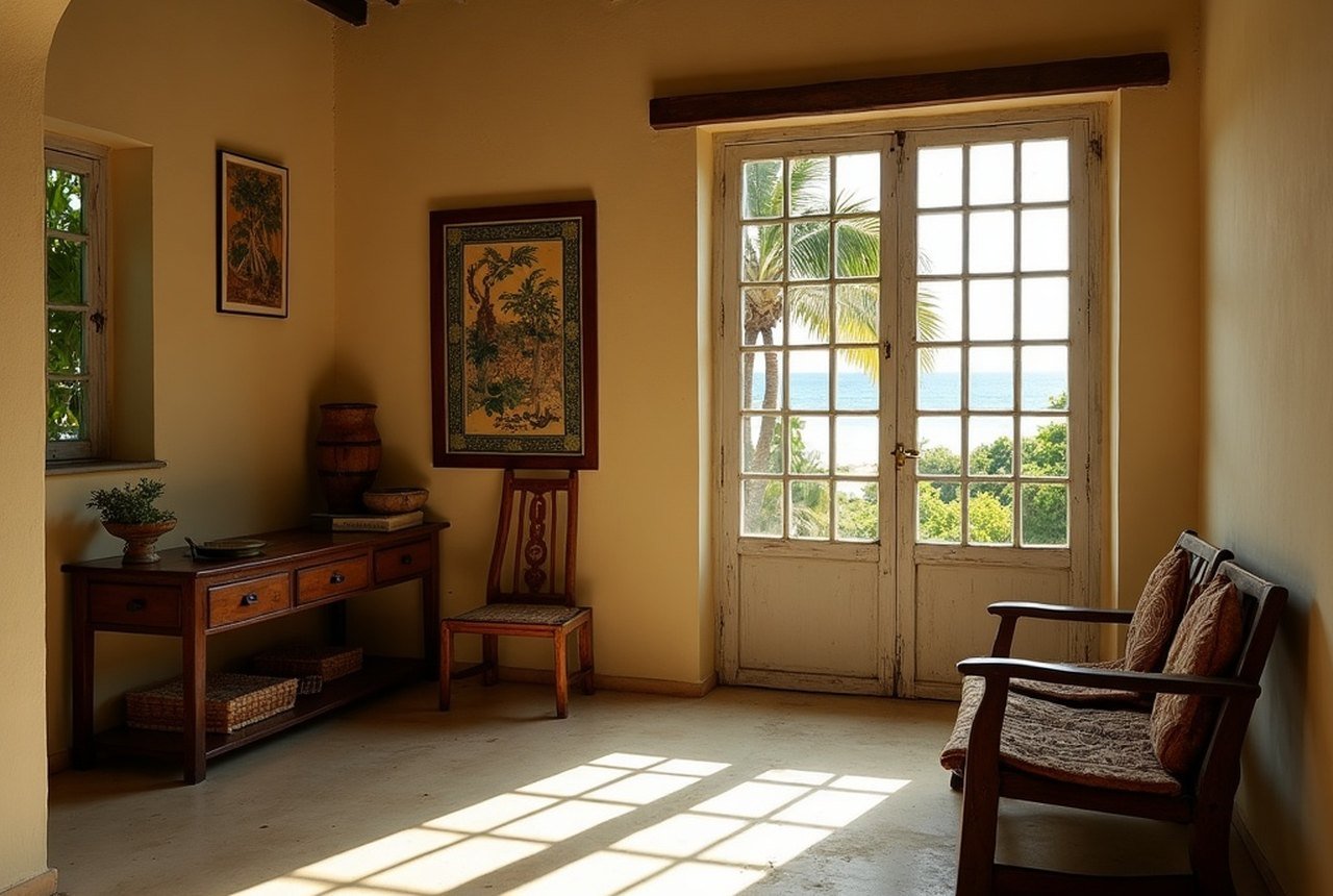 Interior of an old island home, simple and shadowed